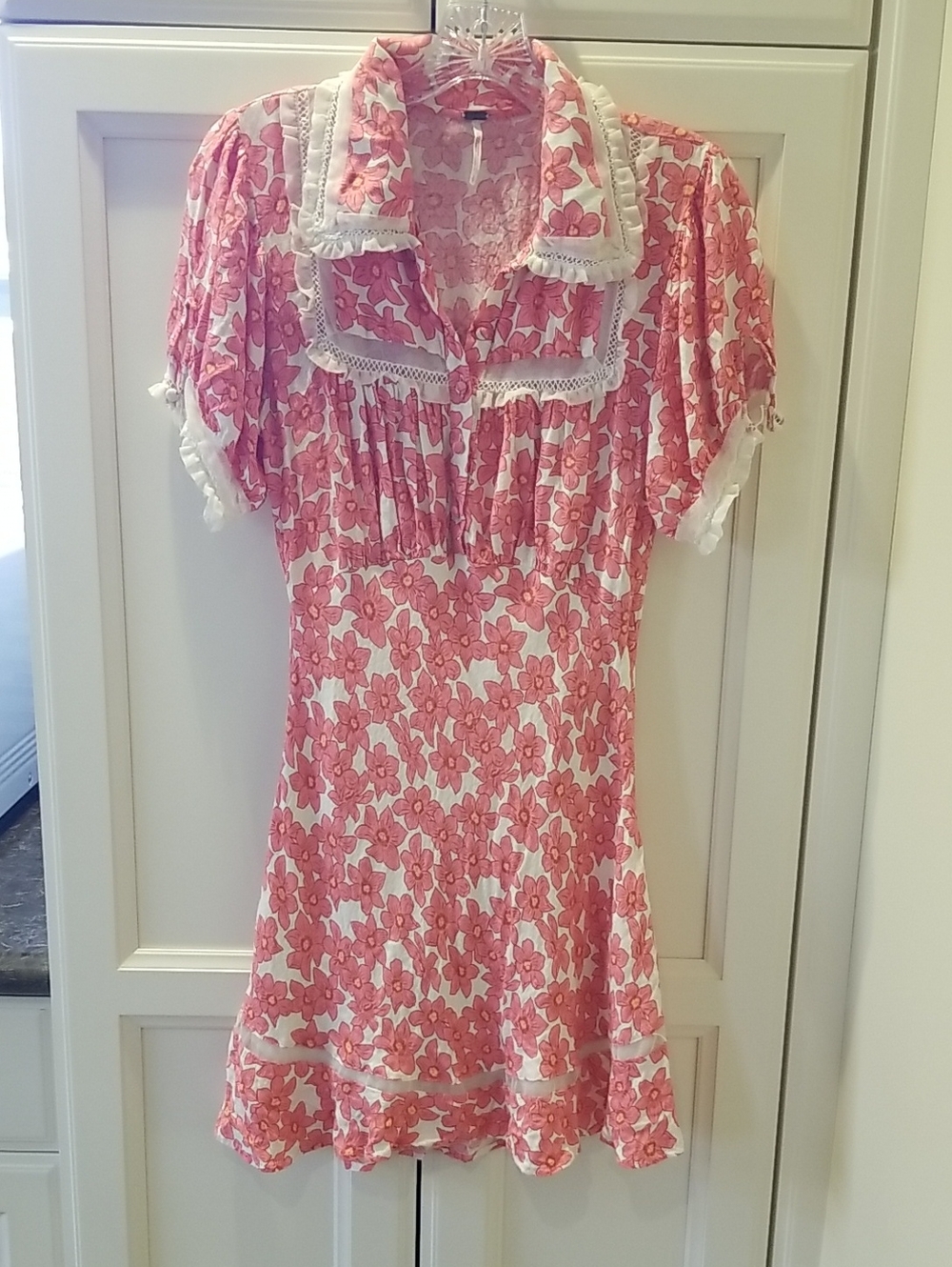 Free People Pink Babydoll Floral Dress With Sheer Insets  - Size Small